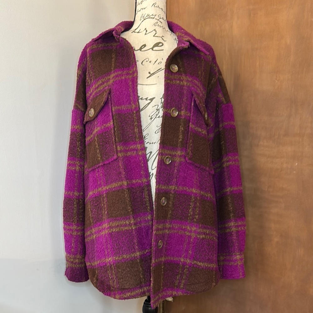 GOOD AMERICAN Plaid Wool Shacket | Power Purple | 1/2